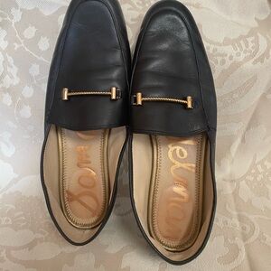 Black Leather Loafers with Gold Accent